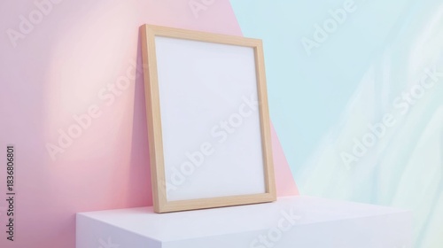 Minimalist Wooden Frame on a Display Stand Against a Colorful Soft Background for Art Presentation