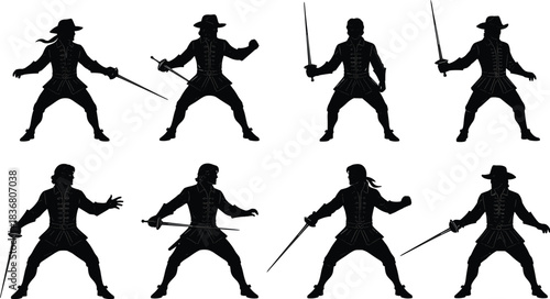 Duelist, swordsman, fencer, warrior, silhouette, illustration, rapier, fighter, duel, costume, pose, art, combat, historic, character, action, design, shadow, vector, style