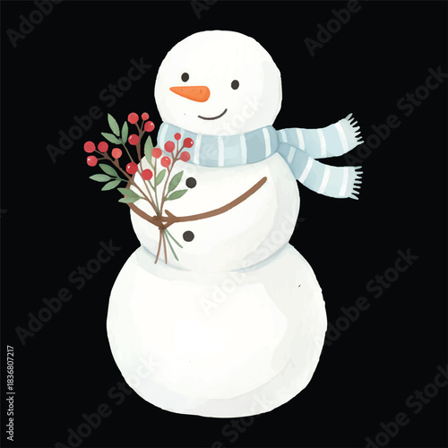 Cute snowman holding a bouquet, watercolor vector winter illustration, isolated on transparent background
