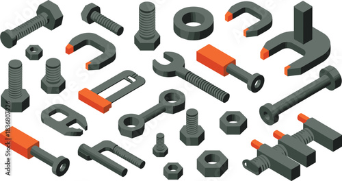 3D isometric hardware tools illustration, bolts, nuts, and industrial components, mechanical equipment set for engineering, construction, and manufacturing design