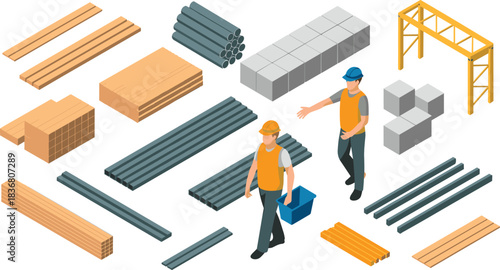 Isometric construction materials illustration, workers handling steel and lumber, industrial building supplies, detailed warehouse inventory graphic for engineering and architecture