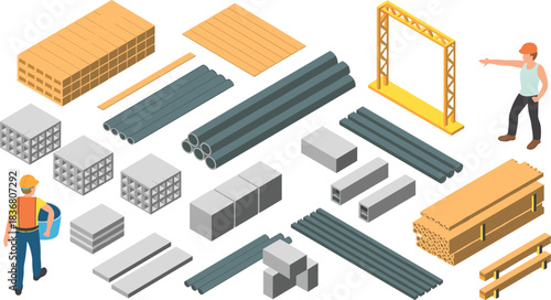 Isometric construction materials illustration, workers handling steel and lumber, industrial building supplies, detailed warehouse inventory graphic for engineering and architecture