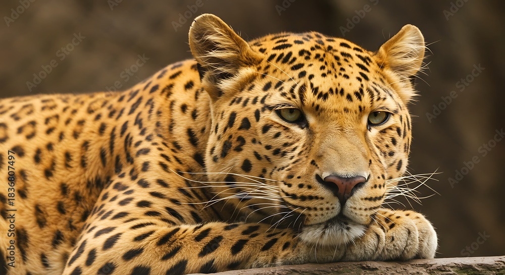 Fototapeta premium Leopard resting close up showing detailed fur and alert expression