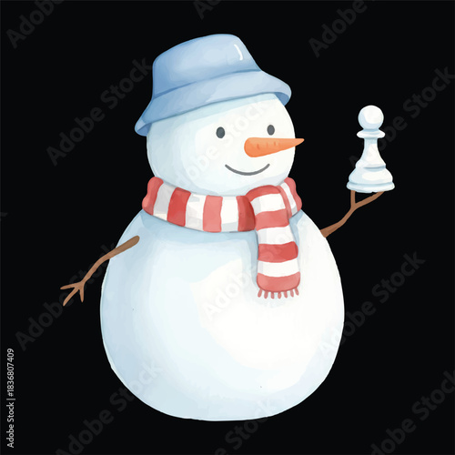 Cute snowman playing chess, watercolor vector winter illustration, isolated on transparent background
