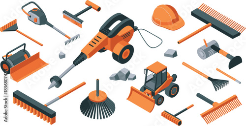 Isometric construction tools illustration, jackhammer and equipment set, industrial machinery and hand tools, heavy-duty work gear for building and demolition