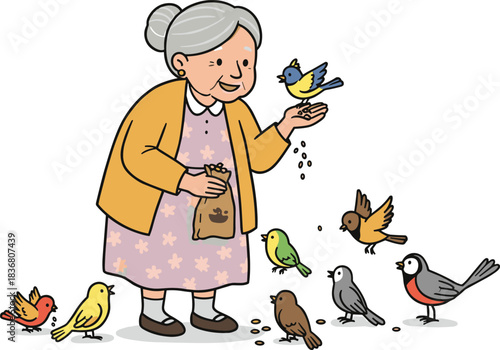 Elderly woman feeding colorful birds with seeds, cartoon vector illustration showing kindness, nature care, animals, wildlife, pets, outdoor lifestyle.