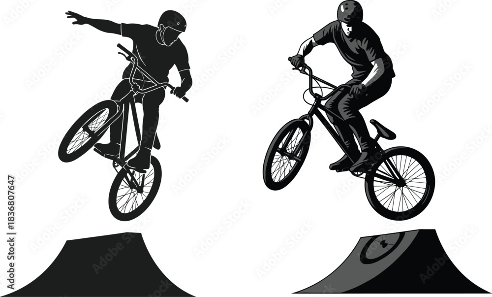 Fototapeta premium Extreme BMX stunt riders performing aerial tricks with bicycles on ramps, urban freestyle sport illustration perfect for posters, t-shirts, and vector design.
