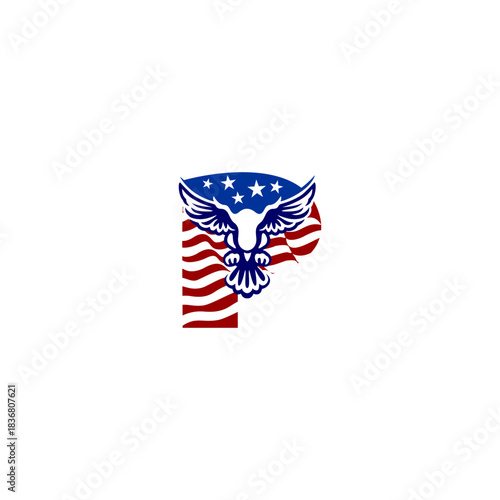 A clean emblem of an eagle blended with the USA flag forming a unique alphabet letter, ideal for logos, patches, and patriotic branding projects.