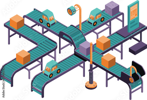 Isometric conveyor system illustration, automated production line with boxes, industrial factory automation concept, smart manufacturing technology workflow design