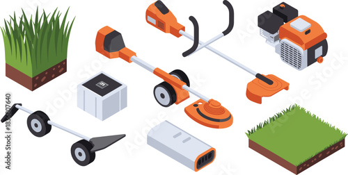 Isometric lawn and garden tools illustration, grass trimmer equipment set, landscaping maintenance gear, outdoor yard care devices and soil patches design