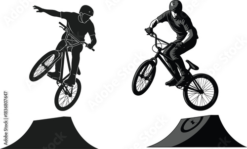 Extreme BMX stunt riders performing aerial tricks with bicycles on ramps, urban freestyle sport illustration perfect for posters, t-shirts, and vector design.