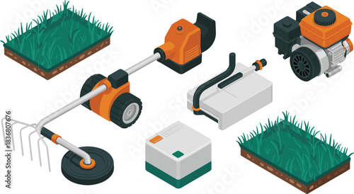 Isometric lawn and garden tools illustration, grass trimmer equipment set, landscaping maintenance gear, outdoor yard care devices and soil patches design