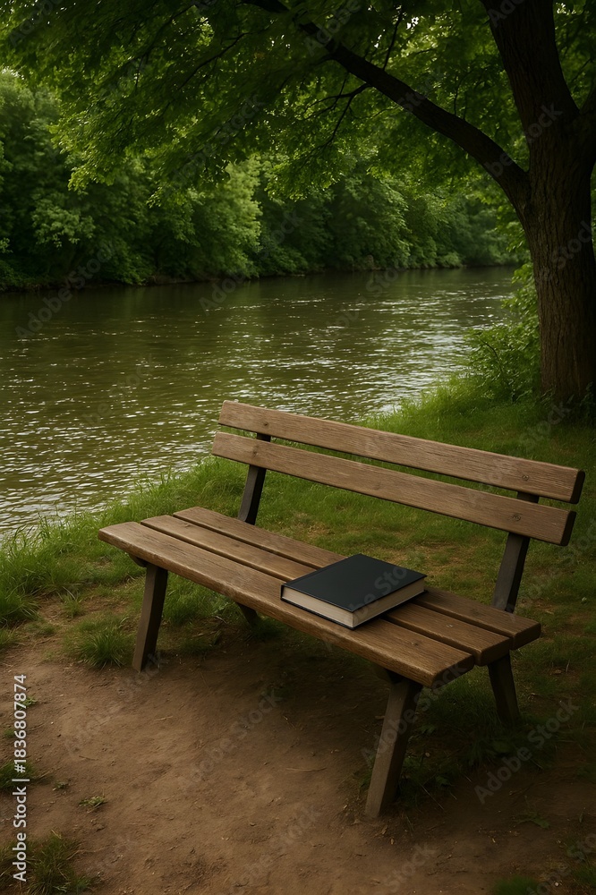 Obraz premium bench by riverside with black book