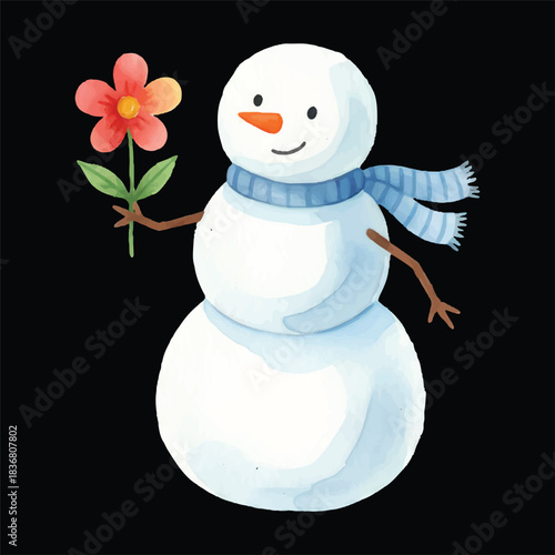 Cute snowman holding a flower, watercolor vector winter illustration, isolated on transparent background
