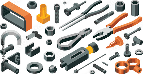Isometric mechanical tools and hardware illustration featuring pliers, bolts, nuts, industrial components, precision parts set for engineering and manufacturing