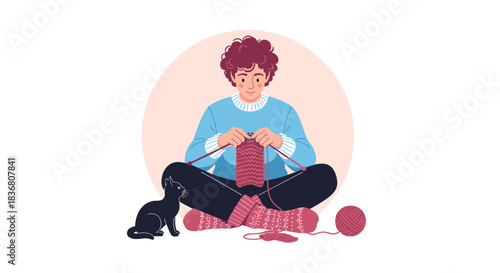 A young person sitting cross-legged on the floor with a black cat, peacefully knitting a pink scarf in a cozy, circular frame.