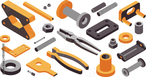 Isometric mechanical tools and hardware illustration featuring pliers, bolts, nuts, industrial components, precision parts set for engineering and manufacturing