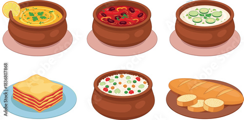 Assorted Soup Bowls with Bread and Lasagna Set Delicious Traditional Food Illustration