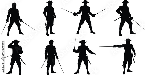 Fencer, swordsman, duelist, silhouette, illustration, warrior, combat, duel, swordplay, fighter, rapier, action, pose, costume, art, vector, historic, character, shadow, design
