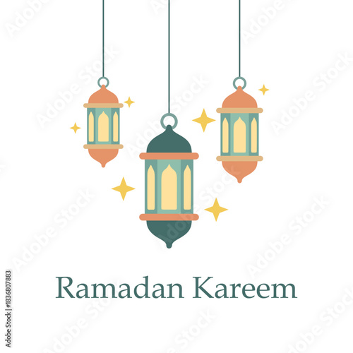 A set of three colorful, hanging Islamic lanterns (Fanoos) and stars for Ramadan Kareem, on a transparent background.