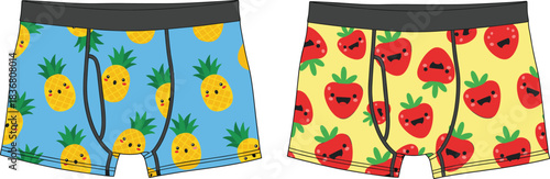 Fun and Playful Fruit Pattern Boxer Shorts Featuring Pineapples and Strawberries, Colorful Summer Casual Wear, Cartoon Food Design Illustration
