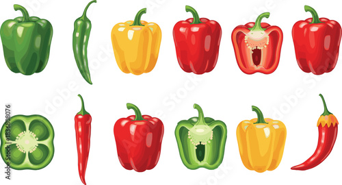 Colorful Bell Peppers and Chili Peppers Set with Whole, Sliced and Halved Vegetable Illustrations