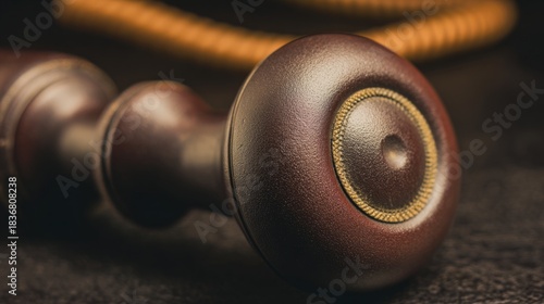 bakelite. Close-up of an antique telephone receiver with dark brown bakelite casing, textured surface. product launch decks, UI/UX mockups, designed for product launches and innovation pitches.
