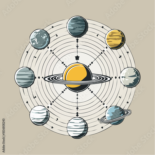 Intricate vintage illustration depicting a stylized solar system with planets orbiting a prominent Saturn, showcasing a cosmic design and astronomical theme for educational and decorative purposes