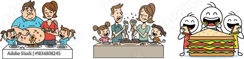 Funny family eating food together with oversized meals, cartoon parents and kids sharing giant sandwich, pasta, and roasted chicken illustration.