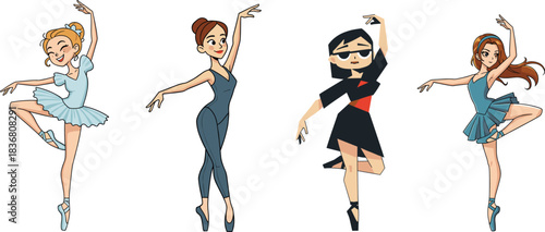 Group of ballerinas performing elegant ballet dance poses in stylish costumes, showcasing classical choreography, grace, beauty, and artistic movement illustration.