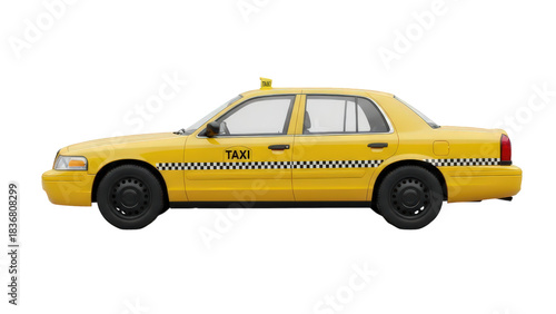 Classic yellow taxi cab, side view, ready for passenger service isolated on transparent background