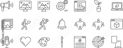 Digital Marketing, SEO, Web Development, Design, Social Media, Communication, Content Creation, Technology, Business Strategy, and Creative Process Line Art.