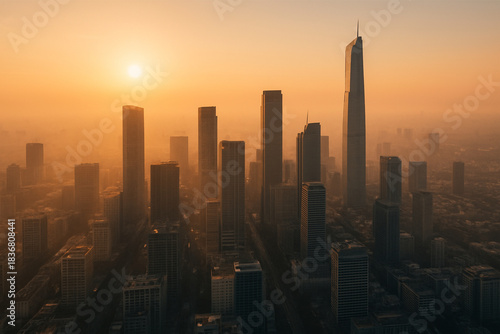 Fotografie Aerial view of a modern city skyline with numerous skyscrapers bathed in the warm glow of a hazy sunset