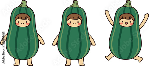 Cute Kids Dressed as Green Zucchini Characters in Different Poses – Vegetable Costume Illustration
