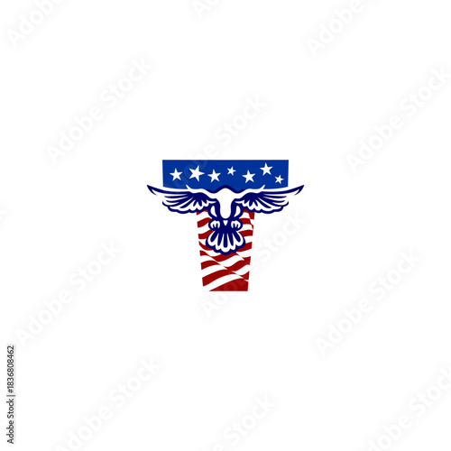 A clean emblem of an eagle blended with the USA flag forming a unique alphabet letter, ideal for logos, patches, and patriotic branding projects.