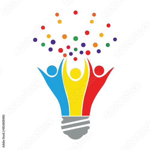 Three stylized human figures in blue, yellow, and red emerging from a lightbulb base, celebrating with colorful dots rising above them