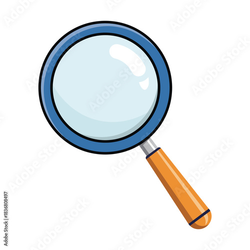 Cartoon illustration of a magnifying glass with a blue rim and orange handle, perfect for search, discovery, and inspection concepts