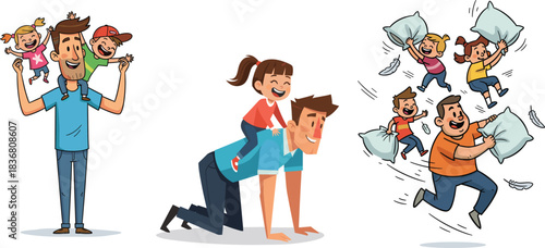 Happy father spending quality time playing fun games with children, enjoying pillow fight, shoulder ride, and piggyback outdoor family activities.