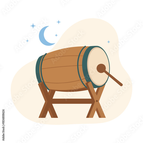 Traditional Bedug (Ramadan drum) with a beater, crescent moon, and stars on a transparent background.