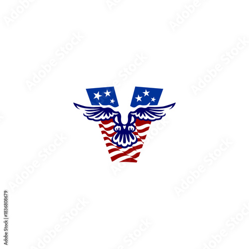 A clean emblem of an eagle blended with the USA flag forming a unique alphabet letter, ideal for logos, patches, and patriotic branding projects.