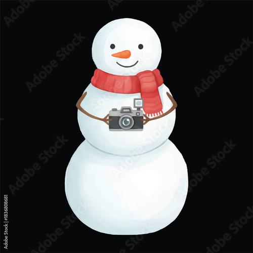 Cute snowman taking a photo with a camera, watercolor vector winter illustration, isolated on transparent background
