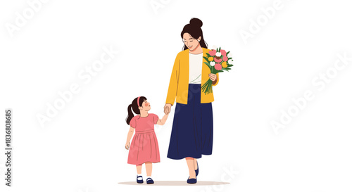A smiling mother holding a bouquet of flowers walks hand-in-hand with her young daughter who is looking up at her lovingly.