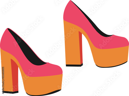 High Heel Platform Shoes Vector with Pink Upper, Orange Sole, Bold Fashion Footwear Design for Style, Trend, and Accessory Themes