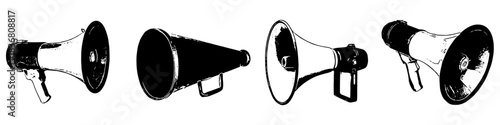 Set Black and White Silhouette megaphone vector for loud announcements and promotional graphics. Symbolizes broadcast, voice, and clear marketing. Ideal for icon collections.