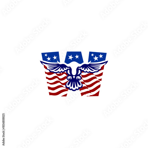 A clean emblem of an eagle blended with the USA flag forming a unique alphabet letter, ideal for logos, patches, and patriotic branding projects.