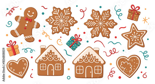A festive set of decorated Christmas gingerbread cookies, including a gingerbread man, snowflakes, houses, and hearts with colorful confetti.