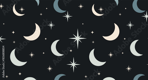 A magical seamless celestial pattern featuring crescent moons and twinkling stars in various soft colors on a dark night sky background.