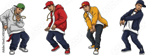 Hip hop dancers performing street dance moves in stylish urban clothing, caps, and sneakers, showcasing modern breakdance culture illustration design.