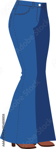 High Waist Blue Flared Jeans Vector Illustration with Retro Style, Brown Heeled Shoes, Vintage Fashion Details for Apparel and Clothing Design