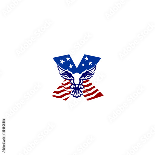A clean emblem of an eagle blended with the USA flag forming a unique alphabet letter, ideal for logos, patches, and patriotic branding projects.